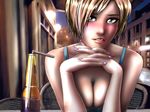  blonde_hair bottle breasts cleavage dating green_eyes jon_kneeland large_breasts looking_at_viewer original short_hair solo 