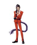  1boy adjusting_eyewear anime_coloring black_gloves black_hair dark_elf demiurge_(overlord) demon_boy dress_shoes earrings elf formal_clothes full_body glasses gloves hair_slicked_back highres jewelry looking_at_viewer multiple_earrings necktie official_art opaque_glasses orange_suit overlord_(maruyama) pants pinstripe_pattern pinstripe_suit pointy_ears round_eyewear short_hair simple_background smile solo standing striped_clothes striped_pants suit tail tasaki_satoshi transparent_background 