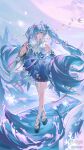  1girl :d absurdres acrrrrrr bare_shoulders bird black_sandals blue_eyes blue_hair blue_sleeves detached_sleeves double-parted_bangs full_body hair_between_eyes hand_fan hand_up hatsune_miku highres holding holding_fan japanese_clothes kimono long_hair long_sleeves looking_at_viewer mihuashi_username number_tattoo okobo open_mouth outdoors platform_sandals sandals shoulder_tattoo sleeveless sleeveless_kimono smile solo standing tattoo twintails very_long_hair vocaloid white_kimono wide_sleeves 