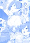  ! !! 1girl 3boys arrow_(symbol) bikini blue_theme braid breasts cleavage commentary_request faceless faceless_male floral_print floral_print_bikini getsuyoubi_no_tawawa hair_ornament hair_ribbon hairclip heart highres himura_kiseki jacket large_breasts long_hair looking_to_the_side medium_hair monochrome multiple_boys multiple_views open_mouth ribbon shirt spoken_exclamation_mark spoken_heart sunglasses swimsuit thighs tonari-chan_(tawawa) twin_braids zipper 