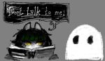 anthro bangs black_ears black_hair black_lips black_lipstick black_nose bob_cut book bracketsxxx cheek_tuft clip_studio_paint_(artwork) clothing digital_media_(artwork) domestic_cat duo eyelashes facial_tuft felid feline felis female fur ghost green_hair grey_background grey_clothing grey_topwear hair highlights_(coloring) jewelry lips lipstick looking_at_another makeup mammal necklace pupils reading reading_book simple_background slit_pupils speech_bubble spirit text topwear tuft white_body yellow_eyes