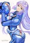 1girl aeug ass breasts cleavage closed_mouth commentary_request dated gundam gundam_zz helmet highres jewelry large_breasts long_hair looking_at_viewer mecha_pilot_suit normal_suit_(gundam) okrdisk2000 purple_hair roux_louka science_fiction simple_background smile solo star_(symbol) star_print unworn_headwear unworn_helmet white_background 