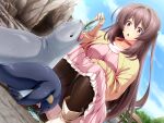  1girl :o animal bird black_pantyhose blue_sky boots brown_eyes brown_hair casual choker cloud day dress dutch_angle eating feeding fish food game_cg hair_ornament holding holding_animal holding_fish holding_food inoino jacket katsuragi_marina kouyoku_senki_exs-tia large_variant_set long_hair non-web_source official_art open_mouth outdoors panties panties_under_pantyhose pantyhose pantyshot penguin pink_dress red_choker seal_(animal) sky solo squatting surprised underwear upskirt variant_set very_long_hair wide-eyed 