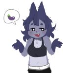 2024 4_fingers anthro black_clothing black_crop_top black_shirt black_topwear blue_body blue_ears blue_eyebrows blue_fur blue_hair bottomwear breasts canid canine canis cleavage clothed clothing countershade_fur countershade_torso countershading crop_top cute_fangs digital_drawing_(artwork) digital_media_(artwork) domestic_dog eggplant_emoji eyebrows fangs female fingers front_view fur gesture gloves_(marking) hair half-length_portrait mammal markings medium_breasts midriff mini_(puppy_in_space) multicolored_body multicolored_fur navel open_mouth open_smile portrait puppy_in_space shirt shrug simple_background sleeveless_shirt smile solo speech_bubble teeth topwear white_background