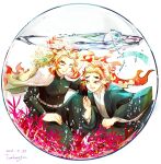  2boys air_bubble artist_name black_kimono black_pants blonde_hair bubble character_request closed_eyes curly_hair dated fishbowl full_body gakuran headpat highres japanese_clothes kimetsu_no_yaiba kimono long_hair multicolored_hair multiple_boys orange_eyes orange_hair pants school_uniform seaweed simple_background smile tanzaku tomkureson two-tone_hair white_background 
