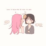  2girls alien_stage arrow_(symbol) black_hair bob_cut brushing_another&#039;s_hair brushing_hair camisole cardigan coldmeow commentary english_commentary english_text grey_cardigan hair_brush highres holding holding_hair_brush long_hair mizi_(alien_stage) multiple_girls pink_hair short_hair sua_(alien_stage) white_camisole 