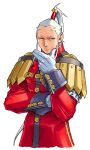  1boy absurdres armband buttons cropped_legs edaki_shin&#039;ya finger_to_own_chin game_cg gloves grey_hair half-closed_eyes high_ponytail highres imawano_hyou jacket justice_gakuen male_focus military_uniform moero!_justice_gakuen non-web_source official_art pants ponytail red_jacket red_pants sideways_glance simple_background sleeves_rolled_up solo standing white_armband white_background white_gloves 