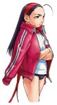  1girl absurdres ahoge arm_out_of_sleeve black_buruma black_hair buruma cropped_legs crossed_arms edaki_shin&#039;ya from_side game_cg gym_shirt gym_uniform hairband highres iinchou_(justice_gakuen) jacket justice_gakuen long_hair moero!_justice_gakuen non-web_source official_art open_clothes open_jacket red_hairband shirt simple_background solo track_jacket white_background white_shirt 