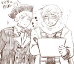  2boys ascot axis_powers_hetalia blush buttons closed_eyes collared_jacket collared_shirt commentary_request greyscale hat heart holding holding_sketchbook hot jacket long_sleeves looking_at_object male_focus monochrome multiple_boys open_mouth pen_holder prussia_(hetalia) russia_(hetalia) scarf shirt short_hair simple_background sketchbook smile sukebeonnna sweat upper_body v writing 