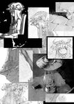  bad_id bad_pixiv_id book bow bug butterfly chomoran closed_eyes collage dark expressionless greyscale hat holding holding_book insect lamp long_hair monochrome patchouli_knowledge profile table touhou 
