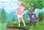 anthro avian bird blue_eyes blush bovid breasts caprine cleavage clothed clothing cloven_hooves diaper dress duo feet female goat hat headgear headwear hi_res hooves legwear mammal minettefraise outside plant stockings talons toes tree white_diaper witch_hat