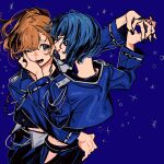  2girls black_nails blue_background blue_hair blue_jacket blue_pants brown_hair closed_eyes commentary_request couple cropped_jacket earrings floating_hair grey_eyes hanasato_minori hand_on_another&#039;s_cheek hand_on_another&#039;s_face highres holding_hands jacket jewelry kani_(kaniya) kiritani_haruka lead_to_shine_more_(project_sekai) long_hair long_sleeves midriff multiple_girls nail_polish necklace open_mouth pants project_sekai short_hair yuri 