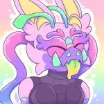 1:1 2025 alien antennae_(anatomy) anthro artist_name black_clothing black_shirt black_tank_top black_topwear breasts bust_portrait cheek_tuft clothed clothed_anthro clothed_female clothing colored digital_drawing_(artwork) digital_media_(artwork) ear_tuft english_description eyebrows eyelashes eyes_closed facial_markings facial_tuft female fur fur_markings gaypastabake green_antennae green_markings green_teeth green_tongue head_markings hi_res light lighting loplox mammal markings multicolored_body multicolored_fur outline pink_body pink_fur portrait purple_eyebrows purple_eyelashes purple_markings rainbow_background shaded shirt simple_background solo tank_top teeth tendrils text tongue topwear tuft tusks white_outline yellow_inner_ear