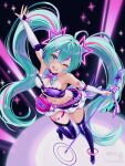  1girl ahoge aqua_eyes aqua_hair armpits bandeau bare_shoulders black_choker boots bow bowtie breasts choker cleavage detached_sleeves from_above hatsune_miku highres holding holding_microphone_stand long_hair long_sleeves looking_at_viewer medium_breasts microphone_stand midriff miniskirt multicolored_hair muse_dash navel one_eye_closed open_mouth outstretched_arms purple_boots purple_thighhighs skirt smile solo stomach strapless streaked_hair thigh_boots thighhighs tsukiyuki_mike tube_top twintails two-tone_bandeau very_long_hair vocaloid white_skirt zettai_ryouiki 
