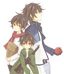  anko_(pixiv293078) apple bad_id bad_pixiv_id food fruit gun gundam gundam_00 holding holding_food holding_fruit multiple_boys multiple_persona scarf setsuna_f_seiei time_paradox weapon younger 