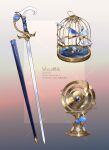  armillary_sphere artist_name bird birdcage blue_bird blue_flower blue_rose cage chinese_commentary commission concealed_weapon earth_(planet) facebook_username flower gradient_background grey_background highres magnolia no_humans object_focus orange_background original planet plurk_username rose shaiichu sheath still_life sword sword_cane watermark weapon white_flower 