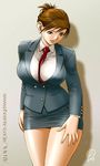  between_breasts breasts brown_eyes brown_hair business_suit copyright_request curvy formal highres jacket large_breasts legs miniskirt necktie pencil_skirt short_hair signature skirt skirt_suit solo source_request standing suit tatsunami_youtoku teacher thick_thighs thighs wide_hips 