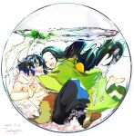  1boy 1girl air_bubble artist_name black_hair black_pants bubble character_request check_copyright closed_mouth commentary_request copyright_request dated fishbowl from_side full_body green_kimono hetero highres hug japanese_clothes kimetsu_no_yaiba kimono long_hair long_sleeves open_mouth pants short_hair simple_background smile tomkureson topless_male water white_background wide-eyed wide_sleeves 