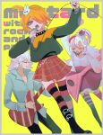  1boy 2girls :d arm_up asymmetrical_legwear black_boots black_choker black_mouth black_nails black_pants black_sweater black_thighhighs blue_shirt blueberry_hair_ornament boots border chain character_name choker closed_eyes collared_shirt colored_tips commentary_request cookie_run cookie_run:_kingdom cookie_run:_ovenbreak dress dutch_angle english_text feet_out_of_frame food-themed_hair_ornament from_below garter_straps grey_border guitar hair_ornament hair_over_one_eye hands_up heart high_ponytail highres holding holding_guitar holding_instrument holding_microphone horizontal-striped_thighhighs instrument knee_boots leaf_hair_ornament long_hair long_sleeves looking_at_viewer lower_teeth_only mamimumemo microphone miniskirt multicolored_hair multiple_girls music mustard_cookie nail_polish no_humans open_mouth orange_hair orange_sweater pants parfait_cookie petticoat pink_dress pink_hair pink_thighhighs plaid_clothes plaid_skirt playing_guitar playing_instrument pleated_skirt ponytail profile puffy_long_sleeves puffy_sleeves red_eyes red_hair red_skirt red_thighhighs rockstar_cookie shirt short_hair short_ponytail simple_background single_garter_strap skirt skull_hair_ornament sleeves_past_fingers sleeves_past_wrists smile streaked_hair studded_choker sweater teeth thighhighs tongue two-tone_hair two-tone_sweater two-tone_thighhighs u_u upper_teeth_only v-shaped_eyebrows very_long_hair walking white_hair white_shirt yellow_background zettai_ryouiki 