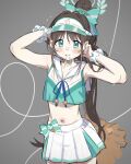  1girl airi_(blue_archive) alternate_costume alternate_hairstyle aqua_eyes blue_archive blush bow brown_hair cero cheerleader facial_mark grey_background hair_between_eyes hair_bow hair_tie_in_mouth halo heart heart_facial_mark highres long_hair looking_at_viewer midriff miniskirt mouth_hold navel nemo_(leafnight) pom_pom_(cheerleading) ponytail simple_background skirt solo visor_cap 