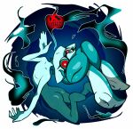  1girl absurdres ass blue_skin colored_skin flat_chest floating full_body highres inkling inkling_girl inkling_player_character kei_(jelsamscout) looking_at_viewer no_humans nude parted_lips red_eyes simple_background smoke solo splatoon_(series) tentacle_hair 