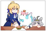  2girls ahoge animal_ears aqua_bow artoria_pendragon_(fate) blonde_hair blue_bow blue_dress blush_stickers border bow burger commentary confrontation crossover crown diamond_hairband dress english_commentary fate/stay_night fate_(series) floating food frilled_sleeves frills glaring grey_hair hair_bow highres honkai:_star_rail honkai_(series) horse_ears horse_girl in-franchise_crossover little_ica_(honkai:_star_rail) multicolored_hair multiple_girls oguri_cap_(umamusume) peeking_out pegasus pegasus_wings plate puffy_sleeves rewuyuu saber_(fate) saber_(honkai:_star_rail)_(fate) sidelocks simple_background sneaking sparkling_eyes standing table trait_connection two-tone_hair umamusume white_background white_border white_hair wings 