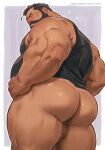  1boy artist_name ass bara beard belly biceps black_hair black_tank_top blush character_name closed_mouth commentary_request copyright_name facial_hair fat from_behind fullmetal_alchemist highres looking_back looking_down male_focus muscular muscular_male no_pants plump sig_curtis tank_top testicles thick_thighs thighs zero_(zero_087) 