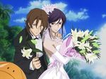  androgynous artist_request bride brown_hair dress flower gundam gundam_00 husband_and_husband lily_(flower) lockon_stratos male_focus multiple_boys otoko_no_ko purple_hair red_eyes source_request tieria_erde wedding wedding_dress yaoi 