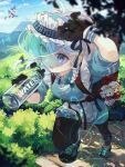 2girls alternate_costume apron backpack bag black_gloves black_pants black_skirt blue_eyes blue_jacket blue_shoes bottle bow braid bush character_charm charm_(object) commentary_request day drink drooling flandre_scarlet gloves green_bow grey_hair hair_bow hat hiking holding holding_bottle izayoi_sakuya jacket medium_hair mouth_drool multiple_girls open_mouth outdoors pants pom_pom_(clothes) red_bag red_hat remilia_scarlet shameimaru_aya shoes side_braids skirt taking_picture tokin_hat touhou toutenkou track_jacket twitter_username visor_cap waist_apron water water_bottle watermark white_apron wristband zipper 