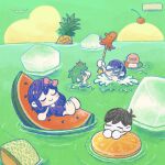  1girl 3boys :o antenna_hair aubrey_(headspace)_(omori) aubrey_(omori) barefoot basil_(headspace)_(omori) basil_(omori) black_hair bow cantaloupe cherry chibi chibi_only closed_eyes closed_mouth colored_skin commentary double-parted_bangs food fruit goggles green_eyes green_hair green_sky grin hair_between_eyes hair_bow hatching_(texture) humphrey_(omori) ice ice_cream ice_cube innertube kel_(headspace)_(omori) kel_(omori) long_hair looking_up melon multiple_boys omocat_(style) omori omori_(omori) one-piece_swimsuit open_mouth orange_(fruit) orange_slice outdoors pink_bow purple_hair purple_one-piece_swimsuit short_hair sky smile snorkel solid_circle_eyes squid star_(symbol) sun_iiinu swim_ring swimsuit symbol-only_commentary u_u very_short_hair watermelon watermelon_slice white_skin 