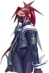  1girl absurdres arms_at_sides capelet chain cropped_legs edaki_shin&#039;ya game_cg gloves highres himezaki_aoi justice_gakuen lock long_hair looking_at_viewer mask moero!_justice_gakuen mouth_mask non-web_source official_art padlock padlocked_collar ponytail red_hair school_uniform side_slit side_zipper simple_background solo spandex standing white_background white_capelet 