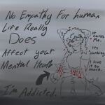 1:1 anthro apathetic blood_on_arm blush blush_lines bottomwear clothing cutting cutting_self delusional dialogue directional_arrow english_text female fists_clenched gore gradient_background hair heart_eyes heart_nose heart_symbol hexa_(toastd) hi_res holding_blade hyena kneeling long_hair looking_aside mammal pupils razor self-harm simple_background small_pupils smile solo text toastd tools topwear