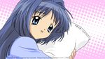  blue_eyes blue_hair kanon long_hair minase_nayuki pajamas pillow solo vector_trace 