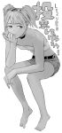  1girl absurdres bandeau bare_shoulders barefoot choker commentary_request elbow_on_knee flat_chest greyscale head_rest highres invisible_chair monochrome original short_shorts shorts sitting solo translation_request twintails uzuki_noboru_(denchuu_shoujo) 
