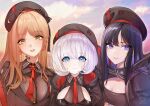  3girls absolute_(nikke) absurdres ahoge asymmetrical_bangs beret black_cloak black_coat black_hair black_hat black_jacket black_sports_bra blue_eyes bodystocking breasts brown_hair chinese_commentary cleavage cloak closed_mouth cloud cloudy_sky coat colored_inner_hair commentary_request d_plan earrings emma_(nikke) emma_(tactical_upgrade)_(nikke) eunhwa_(nikke) eunhwa_(tactical_upgrade)_(nikke) goddess_of_victory:_nikke grey_hair group_picture hair_between_eyes hat highres jacket jewelry large_breasts long_hair long_sleeves looking_at_viewer medium_breasts midriff mole mole_under_mouth multicolored_hair multiple_girls necktie official_alternate_costume open_clothes open_coat outdoors parted_lips purple_eyes purple_hair red_necktie see-through_cleavage see-through_clothes short_hair sidelocks signature sky smile sports_bikini sports_bra standing star_(symbol) star_earrings two-sided_fabric two-sided_jacket upper_body vesti_(nikke) vesti_(tactical_upgrade)_(nikke) yellow_eyes 