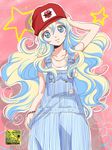  blonde_hair blue_eyes hat head_tilt jewelry kurimomo long_hair multicolored_hair necklace nia_teppelin overalls tengen_toppa_gurren_lagann 