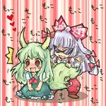  2girls :3 bow chibi drooling ex-keine fujiwara_no_mokou hair_bow heart heart-shaped_pupils horn_ribbon horns kamishirasawa_keine lowres multiple_girls open_mouth pote_(ptkan) ribbon saliva sunglasses symbol-shaped_pupils tail touhou v-shaped_eyebrows 