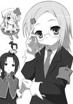  2girls 9law cross_hair_ornament glasses greyscale guardian_chara hair_ornament hinamori_amu monochrome multiple_boys multiple_girls musashi_(shugo_chara!) sanjou_kairi shugo_chara! suu_(shugo_chara!) 