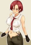  blush breasts covered_nipples gloves large_breasts midriff navel necktie open_clothes pants red_eyes red_hair rirakukan solo suspenders the_king_of_fighters vanessa_(king_of_fighters) 