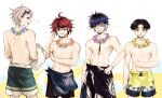  4boys :d absurdres ahoge alternate_costume aotsuki_eito back bare_back black_hair black_streaks blue_eyes blue_flower blue_hair brown_hair clothes_around_waist commentary earrings english_commentary eye_print eyepatch face_piercing flower flower_wreath glasses grid_background hand_on_own_hip heart highres jewelry labret_piercing looking_at_another looking_at_viewer looking_down male_focus male_swimwear maruko_gaku max_art149 mixed-language_commentary multicolored_hair multiple_boys navel neck_wreath no_shirt notice_lines omokage_yugamu one_eye_covered open_mouth parted_lips piercing pink_flower print_eyepatch profile purple_flower red_eyes red_hair scar scar_on_arm scar_on_chest short_hair smile sparkle spiked_hair stitched_torso stitches streaked_hair sumino_takumi sweat sweatdrop swim_trunks teeth the_hundred_line_-last_defense_academy- topless_male upper_teeth_only wink_heart yellow_flower 