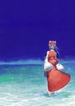  bad_id bad_pixiv_id barefoot chomoran detached_sleeves from_behind hakurei_reimu holding holding_shoes ocean shoes solo touhou wading water wind 