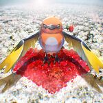  animal_focus bird black_eyes blurry depth_of_field ekm field fletchling flower flower_field flower_in_mouth full_body no_humans outdoors pokemon pokemon_(creature) red_flower red_rose rose solo 