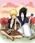  :d ^_^ ^o^ artist_request bandaged_arm bandages black_hair blonde_hair cherry_blossoms closed_eyes cloud cloudy_sky collarbone furrowed_eyebrows grass grin holding indian_style japanese_clothes jewelry katana long_sleeves multiple_boys naruto naruto_(series) naruto_shippuuden necklace ninja on_grass open_mouth outdoors petals pink_sky pinwheel sarashi sitting sky smile spiked_hair sunset sword tabi tree uchiha_sasuke uchiha_symbol uzumaki_naruto weapon whisker_markings wide_sleeves 
