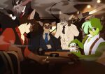 anthro arno_(peritian) avian aye-aye beak bird brown_hair card cato_(peritian) celio_(peritian) chair clothed clothing domestic_cat erik_d&#039;javel felid feline felis furniture group hair hi_res horn lemur lighter male mammal necktie parakeet parrot peritian playing_card primate siamese strepsirrhine table tail true_parrot