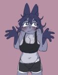 2024 4_fingers anthro athletic_wear black_bottomwear black_clothing black_crop_top black_shirt black_shorts black_topwear blue_body blue_ears blue_eyebrows blue_eyes blue_fur blue_hair bodily_fluids bottomwear breasts canid canine canis cleavage clothed clothed_anthro clothed_female clothing countershade_fur countershading crop_top dolphin_shorts domestic_dog eyebrow_through_hair eyebrows female female_anthro fingers front_view fur gesture gloves_(marking) gym_bottomwear gym_shorts hair looking_away mammal markings mini_(puppy_in_space) multicolored_body multicolored_fur navel portrait puppy_in_space shirt shorts shrug simple_background sleeveless_clothing solo sweat sweaty_body three-quarter_portrait topwear translucent translucent_hair white_sclera