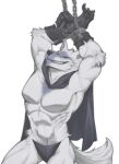 abs adam&#039;s_apple alternative_fashion anthro arm_tuft arms_above_head bdsm biceps bondage bound canid canine canis cape chain chained_cuffs cheek_tuft chest_tuft chin_tuft clawed_gloves cloak clothed clothing cuff_(restraint) cuffed_wrists death_(puss_in_boots) dreamworks elbow_tuft facial_markings facial_tuft fluffy fluffy_tail fur fuzzy g-string gloves grey_body grey_fur grin handwear head_markings head_tuft hi_res jarggurnaut leather leather_clothing leather_gloves leather_handwear looking_up male mammal markings mask_(marking) muscular muscular_anthro muscular_male muscular_thighs narrowed_eyes navel nipples pantsless partially_clothed pecs puss_in_boots_(franchise) red_eyes restrained restrained_arms restraints simple_background smile soft_abs solo tail teeth topless tuft underwear white_background wolf