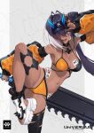  1girl antenna_hair bikini black_bikini black_choker black_hair black_sleeves blue_eyes breasts choker commentary_request cone_hair_bun dark-skinned_female dark_skin detached_sleeves fake_horns foot_out_of_frame fukai_ryosuke hair_bun hair_over_one_eye hand_on_headwear highres holding holding_sword holding_weapon horns large_breasts looking_to_the_side multicolored_bikini multicolored_hair navel ofuda one_eye_covered open-toe_shoes open_mouth orange_bikini orange_sleeve_cuffs original pendant_choker shoes single_side_bun smile standing standing_on_one_leg swimsuit sword toes two-tone_bikini two-tone_hair two-tone_sleeves visor_cap weapon white_hair white_shoes 