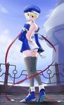  ass back beret blazblue blonde_hair blue_footwear boots detached_sleeves dress gloves green_eyes hat noel_vermillion panties ryu-akt short_dress solo thighhighs underwear 