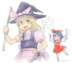  apron arms_up black_hair blonde_hair bow gohei hair_bow hakurei_reimu hand_on_hip hat kirisame_marisa long_hair looking_at_viewer multiple_girls puffy_sleeves rotan short_sleeves sketch skirt skirt_set smile socks spring_onion standing standing_on_one_leg touhou waist_apron witch_hat yagokoro yellow_eyes 