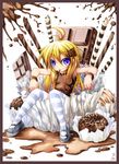  ahoge blonde_hair blue_eyes bracelet chocolate copyright_request emperpep food food_as_clothes food_themed_clothes in_food jewelry mary_janes minigirl pocky shoes solo sprinkles striped striped_legwear thighhighs traditional_media watercolor_(medium) 